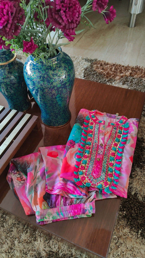 Pink Heavy Neck Kaftan Co ord Set